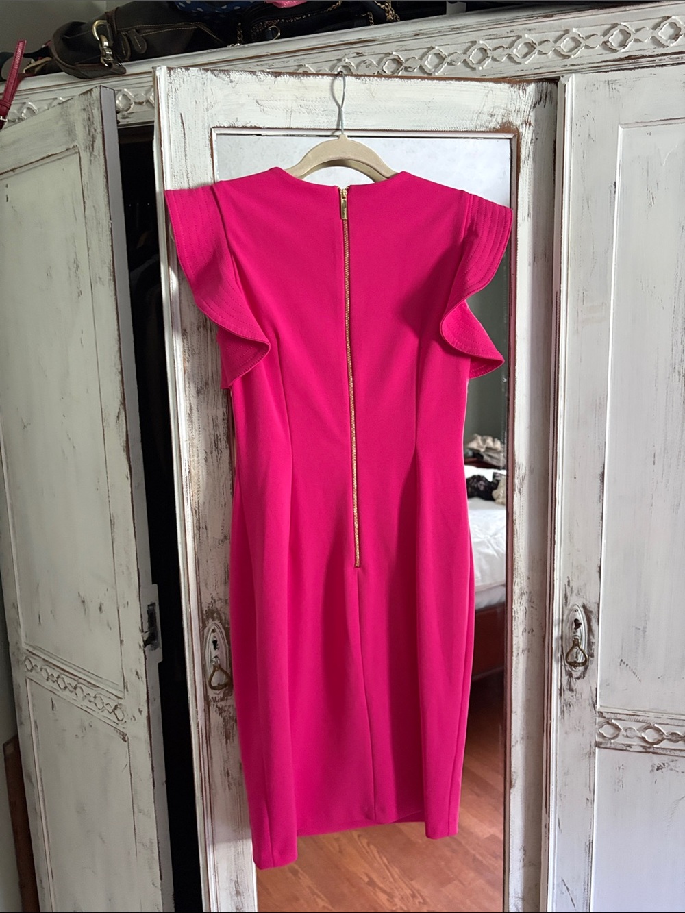 Calvin Klein Hot Pink Ruffle-Sleeve Midi Sheath Dress - Picture 3 of 3